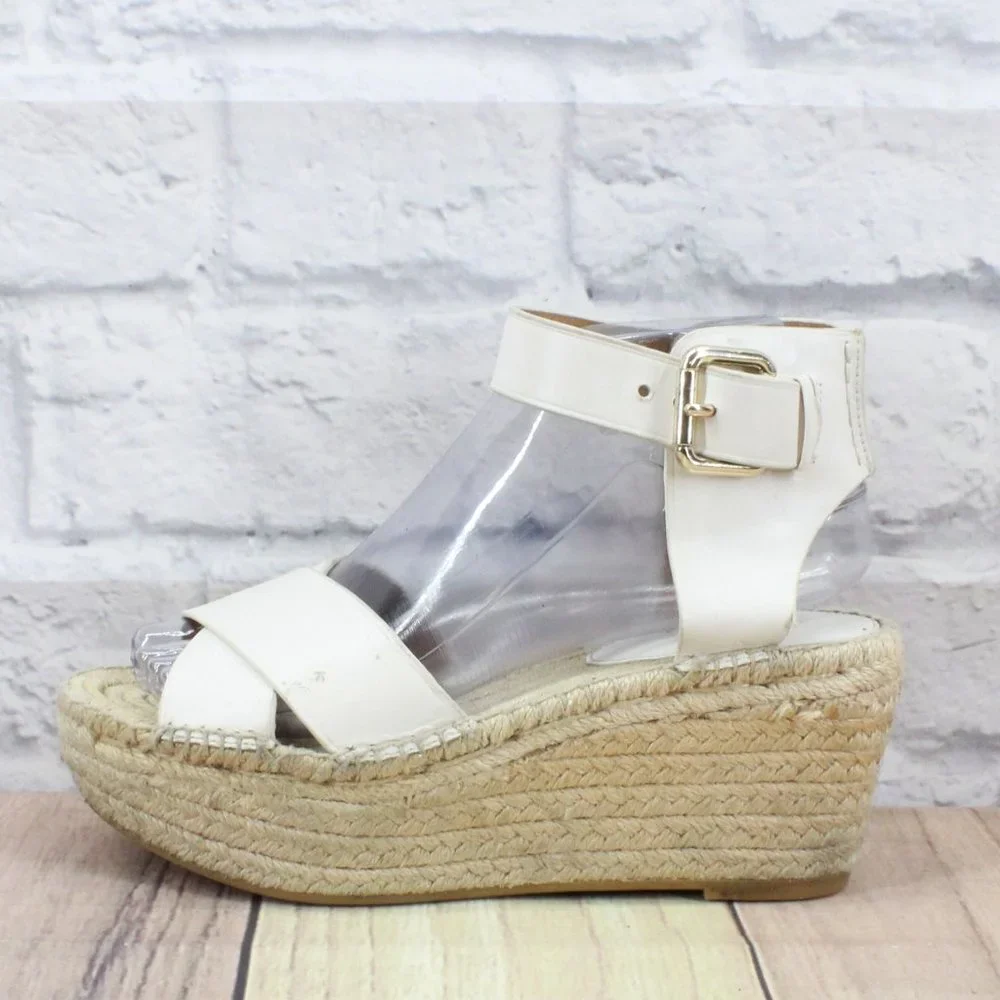 Coach White Leather Ankle Strap Platform Jute Wedge Sandals Size 6.5 B - Picture 1 of 11